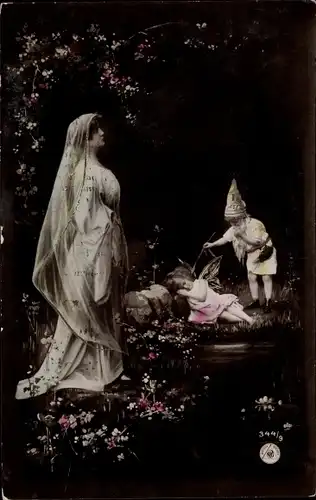 Ak Frau im Wald, Zwerg, Elfe, NPG 344/9