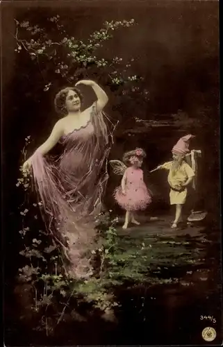 Ak Frau im Wald, Zwerg, Elfe, NPG 344/5
