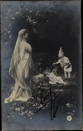 Ak Frau im Wald, Kinder, Zwerg, Elfe, NPG 344/3