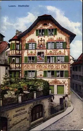 Ak Luzern Stadt Schweiz, Stadtkeller, Haus mit Fasadengemälden