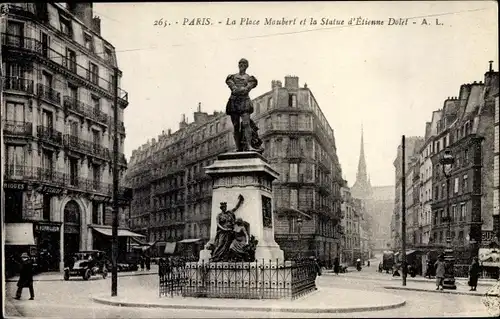 Ak Paris V., Place Maubert et la statue d'Etienne Dolet, voiture, magasin N. Horvilleur