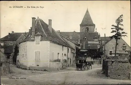 Ak Guillon Yonne, Un Coin du Pays, Kirche, Kutsche