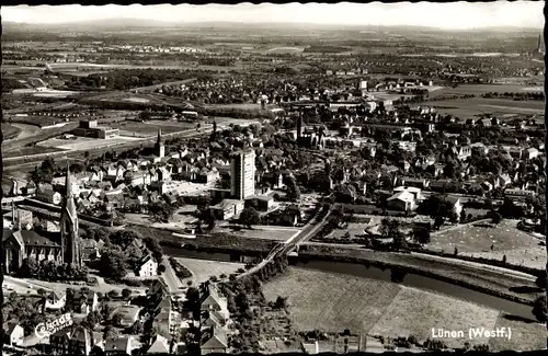 Ak Lünen in Nordrhein Westfalen, Blick auf den Ort, Kirche, Hochhaus