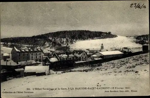 Ak La Bastide Saint Laurent Lozère, L'Hotel Terminus et la Gare, Winter