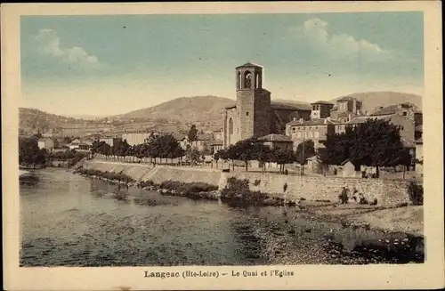 Ak Langeac Haute Loire, Le Quai et l'Eglise, Kirche, Ort