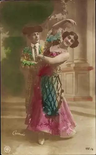 Ak Mann und Frau im spanischen Kostüm, Tanz, Carmela