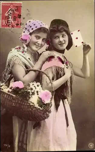 Ak Zwei junge Frauen, Blumenkorb, Liebesbrief, NPG 751/2