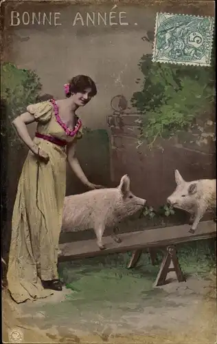 Ak Glückwunsch Neujahr, zwei Schweine auf einer Wippe