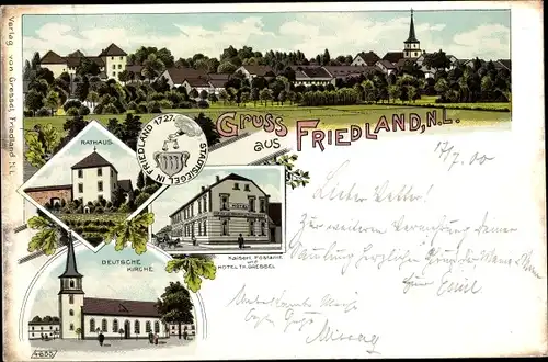Litho Friedland Oder Spree Lausitz, Panorama vom Ort, Rathaus, Postamt, Hotel Th. Gressel, Kirche