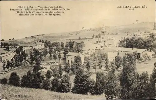 Ak Champels Haute Loire, Vue générale Sud Est, Blick auf den Ort, Kirche