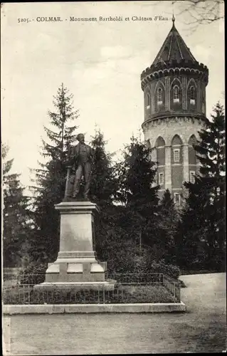 Ak Colmar Kolmar Elsass Haut Rhin, Monument Bartholdi et Chateau d'Eau