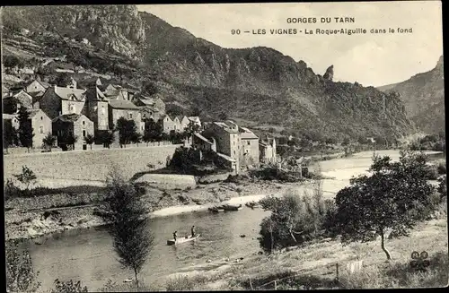 Ak Les Vignes Lozère, La Roque Aiguille dans le fond