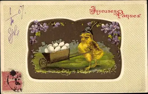 Präge Litho Glückwunsch Ostern, Küken schiebt Karren mit Ostereiern, Blumen