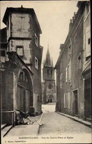 Ak Rambervillers Vosges, Rue du Cheval Blanc et Église
