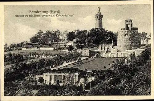 Ak Brandenburg an der Havel, Marienberg mit Bismarckwarte und Kriegerdenkmal