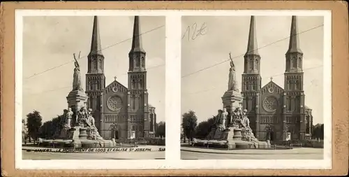 Stereo Foto Antwerpen Anvers Flandern, Monument de Loos et Église St. Joseph