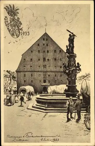 Künstler Ak Zittau in der Oberlausitz, Ratswage und Herkulesbrunnen, Wappen