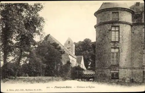 Ak Fleury en Biere Seine et Marne, Le Chateau, L'Eglise