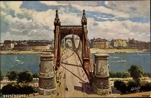 Künstler Ak Budapest Ungarn Budapest Ungarn, Erzsebethid, Kettenbrücke, Stadtbild