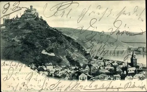 Ak Braubach am Rhein, Blick auf Ort mit Kirche und Marksburg