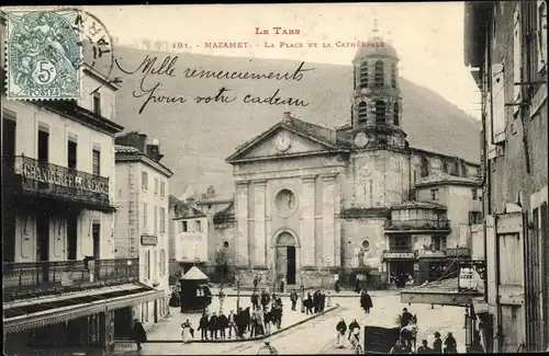 Ak Mazamet Tarn, La Place et la Cathedrale, Kathedrale