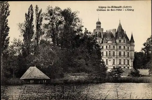 Ak Ligny le Ribault Loiret, Château de Bon Hôtel, l'Étang