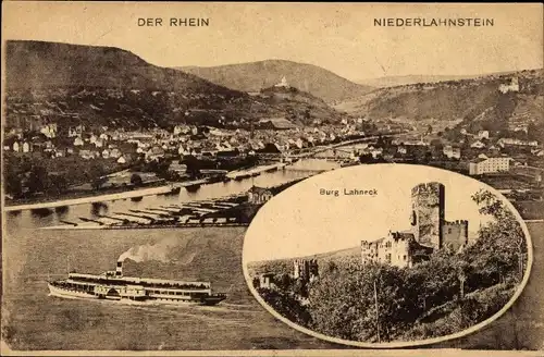 Ak Lahnstein im Rhein Lahn Kreis, Burg Lahneck, Niederlahnstein, Dampfer