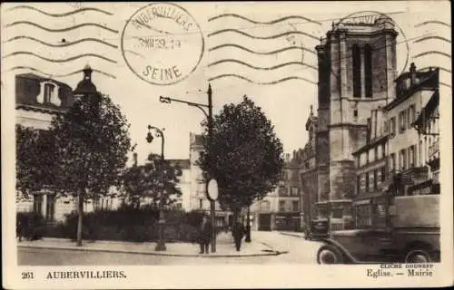 Ak Aubervilliers Seine Saint Denis, Eglise, Mairie, voiture