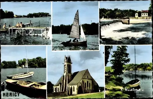 Ak Hericy sur Seine Seine et Marne, L'Eglise Sainte Genevieve, la Baignade, Le Barrage, La Promenade