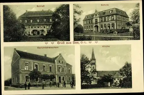 Ak See Niesky in der Oberlausitz, Schloss, Schule, Gerichtskretscham, Kirche