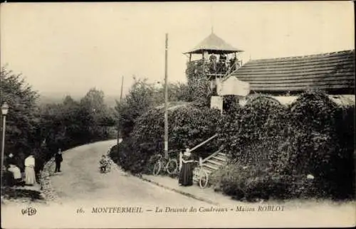 Ak Montfermeil Seine Saint Denis, La Descente des Coudreaux, Maison Roblot, tour, velos