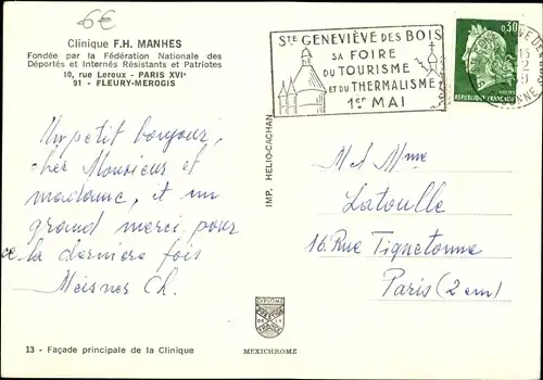 Ak Paris XVI. Arrondissement Passy, Clinique F.H. Manhes, Boule