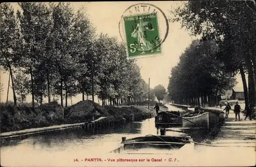 Ak Pantin Seine Saint Denis, Vue sur le Canal, bateaux