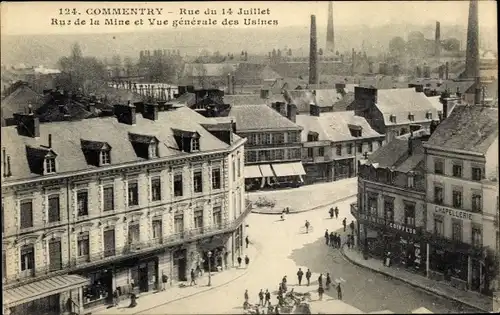 Ak Commentry Allier, Rue du 14 Juillet, Rue de la Mine et Vue générale des Usines, Chapellerie
