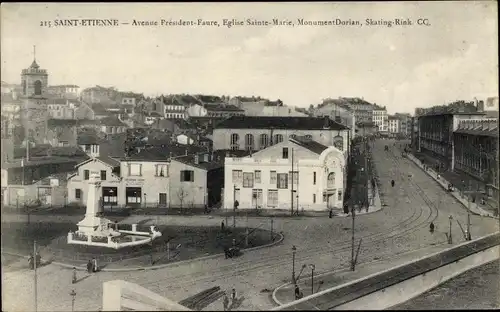 Ak Saint Étienne Loire, Avenue President Faure, Eglise Sainte Marie, Monument Dorian, Skating Rink