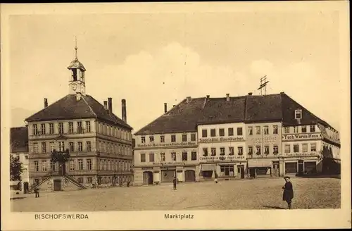 Ak Bischofswerda im Kreis Bautzen, Marktplatz, Rathaus, Modewaren Richard Meissner, Papierhandlung