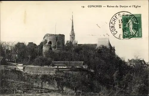 Ak Conches Eure, Ruines du Donjon et l'Église