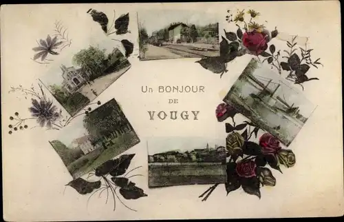 Ak Vougy Loire, eglise, gare, pont