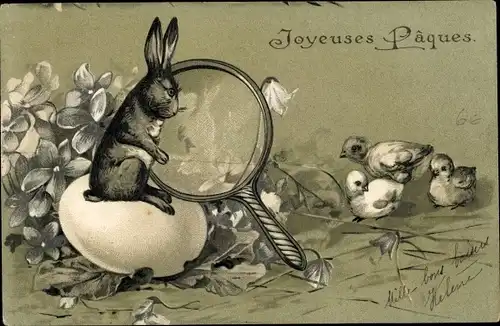 Präge Litho Glückwunsch Ostern, Hase sieht sich Küken durch eine Lupe an, Osterei
