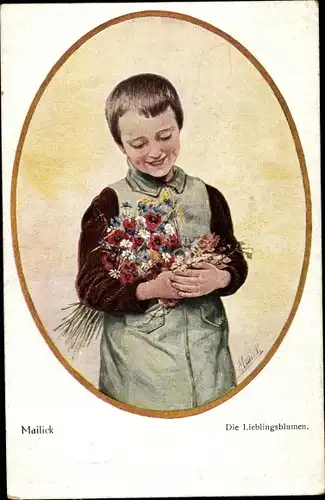 Künstler Ak Mailick, Die Lieblingsblumen, Kind mit Blumenstrauß, Mohn, Kornblumen