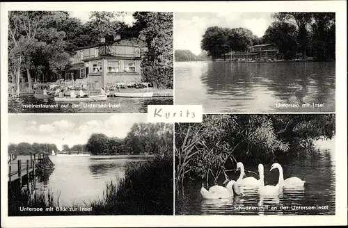 Ak Kyritz in der Prignitz, Inselrestaurant auf der Unterseeinsel, Schwäne