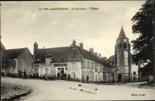 Ak Saint Cyr sous Dourdan Essonne, Le Carrefour, l'Église