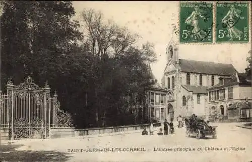 Ak Saint Germain les Corbeil Essonne, L'Entrée principale du Château et l'Église