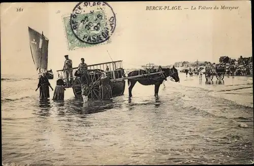 Ak Berck Plage Pas de Calais, La Voiture du Mareyeur, Pferdefuhrwerk, Strand