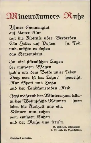 Ak Minenräumers Ruhe, Gedicht, Signalgast O. Ulbricht, 6. OMS Halbflottille