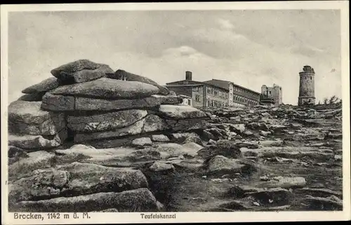 Ak Brocken Nationalpark Harz, Teufelskanzel, Brockenhotel, Turm