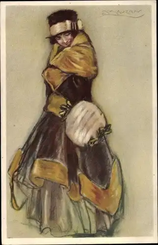 Künstler Ak Mauzan, Frau in Kleid, Hut, Portrait, Handwärmer aus Pelz