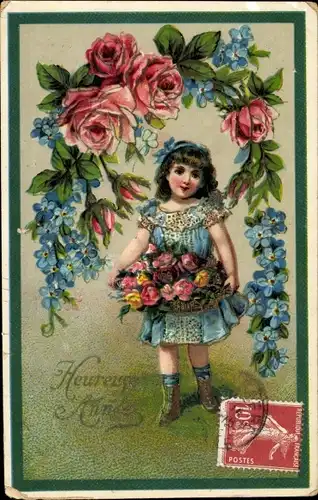 Präge Litho Glückwunsch Neujahr, Rosen, Vergissmeinnicht, Mädchen mit Blumen