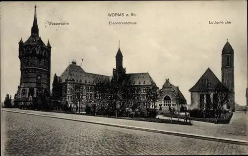 Ak Worms in Rheinland Pfalz, Lutherkirche, Eleonorenschule, Wasserturm