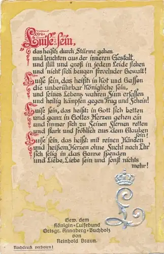 Gedicht Präge Ak Annaberg Buchholz Erzgebirge, Königin Luisebund, Reinhold Braun, Luise sein